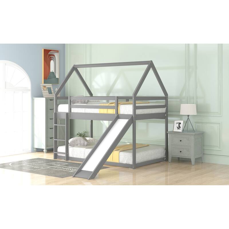 Kids Twin Bunk Bed with Slide & Ladder - Gray House Design for Fun & Safe Play