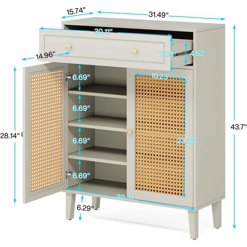 Modern Shoe Cabinet with Adjustable Shelves and Drawer Rattan Panels for Entryway Storage - 31.49”L x 15.74”W x 43.3”H
