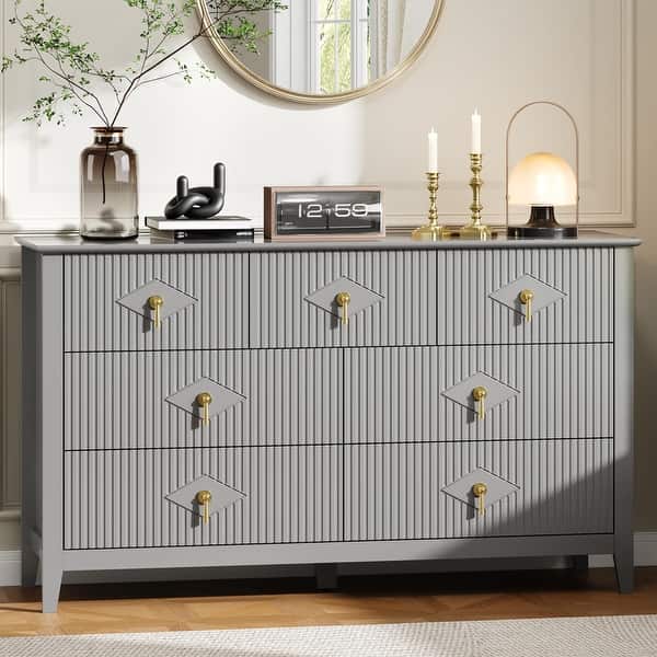 gray dresser with gold knobs Fluted 7 Drawer for Bedroom, 54 Inch Wide Modern Wooden Chest of Drawers Handles - Bed Bath & Beyond FLOOR-LENGTH