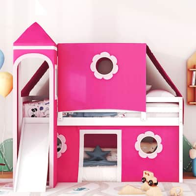 Castle Loft Bed Twin Size Playhouse Semi-closed Canopy Bed with Underbed Tent, Slide and Tower and Flower-shaped Windows