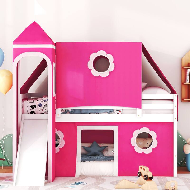 Twin Size Loft Bed with Slide Pink Tent and Tower - Pink(OLD SKU:WF532005AAH)
