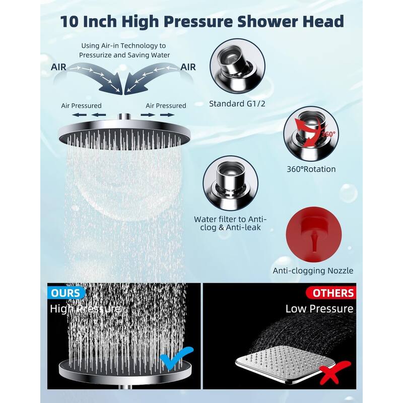 Self-cleaning 10" High Pressure Rainfall Shower head with Hand Spray