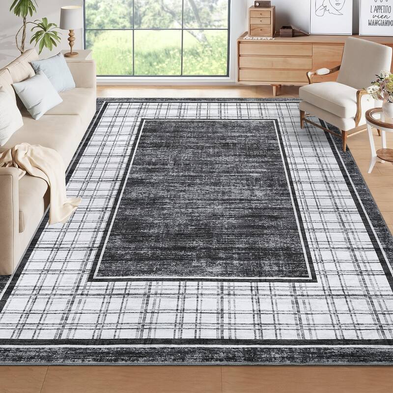 Modern Bordered Rug Farmhouse Plaid Area Rugs for Living Room Bedroom, Indoor Accent Carpet Home Decor - 10'x13' - Gray