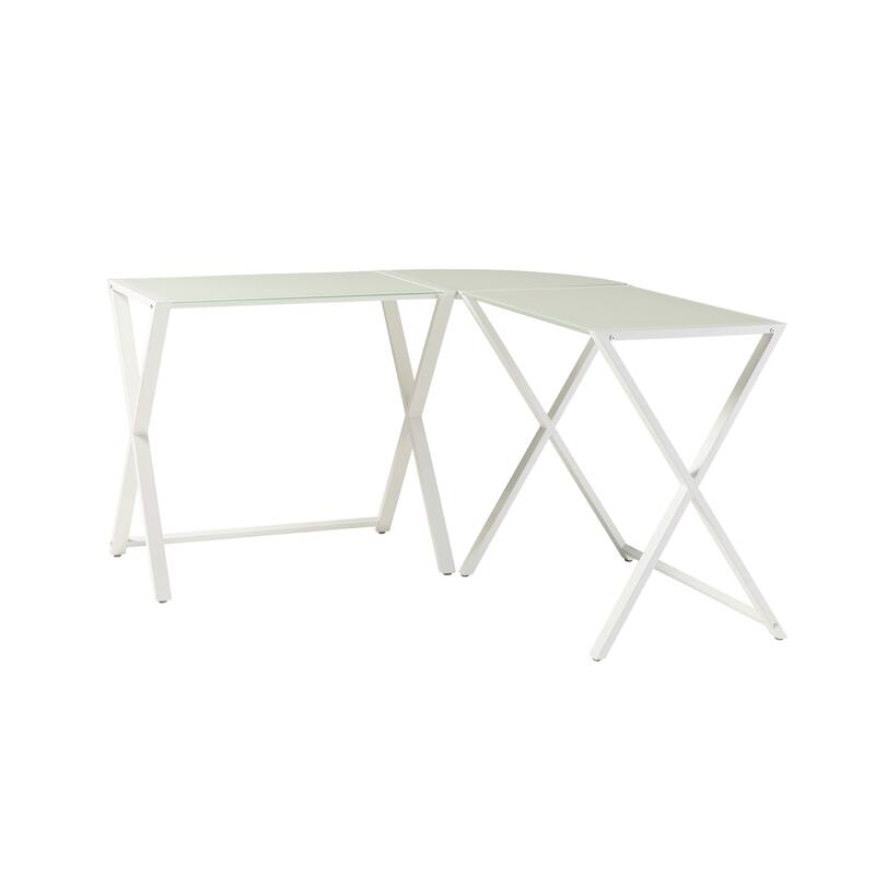Modern X-Leg L-Shaped Computer Desk with Tempered Glass Top and Powder-Coated Metal Frame for Home Office or Living Room