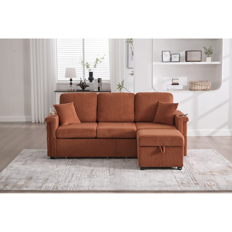 L-Shaped Sectional Sofa with Pull-Out Storage,Ottoman & Pillows 3-Seat with USB Charging,Cup Holder, Convertible Design - Orange