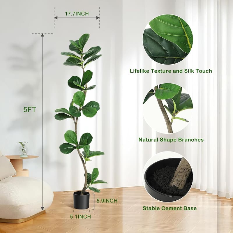 Artificial Fiddle Leaf Fig Tree, Fake Plant for Home Decor with Black Base