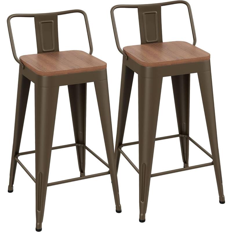 Counter & Bar Stools with Metal Frame Kitchen Stools with Low Back Kitchen Bar Furniture Stools with Square Wooden Seat - Set of 2 - Rusty - Bar Height
