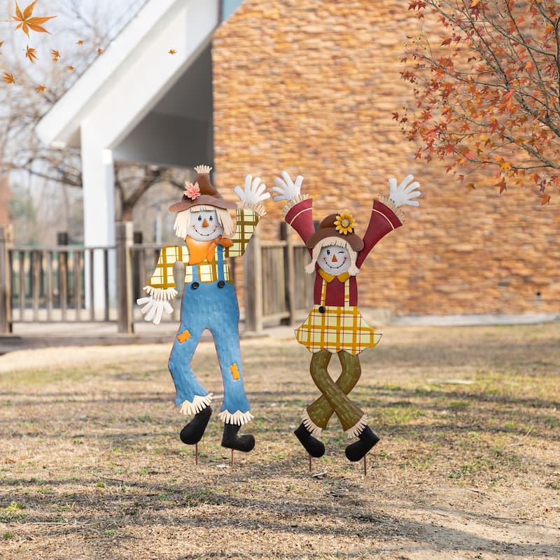 Glitzhome 36"H Set of 2 Fall Metal Cheerful Scarecrow Girl & Boy Yard Stake