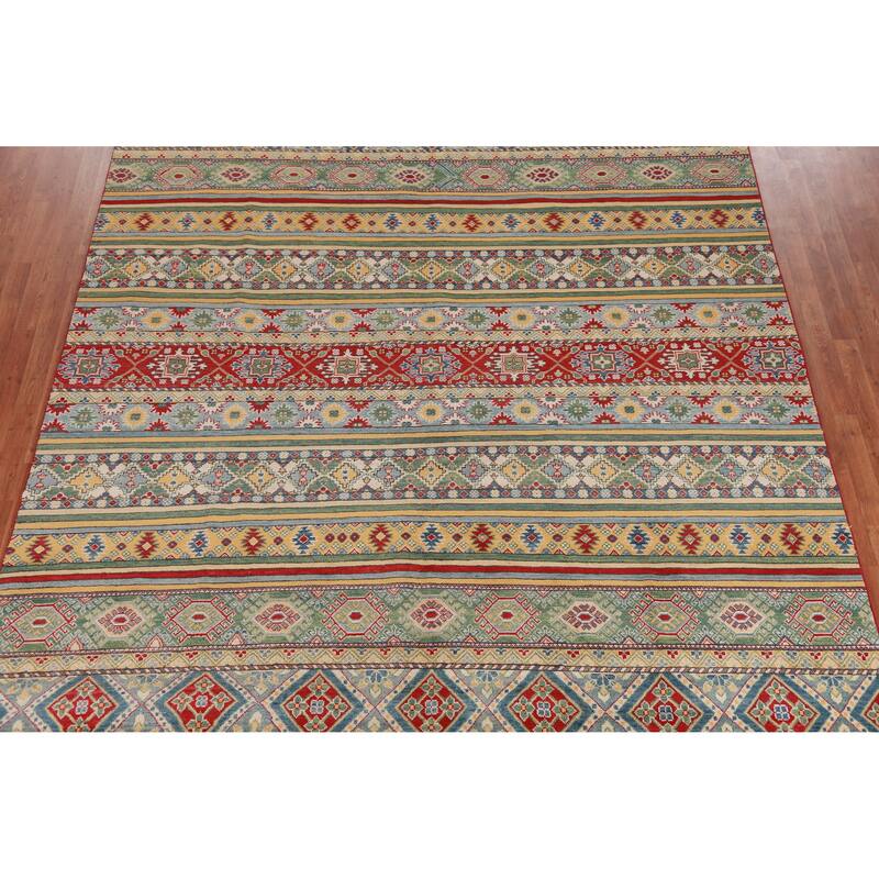 Hand Knotted Oriental 100% Wool Carpet Traditional Geometric Multi-Colored Kazak Area Rug - 11' 3'' X 9' 1''