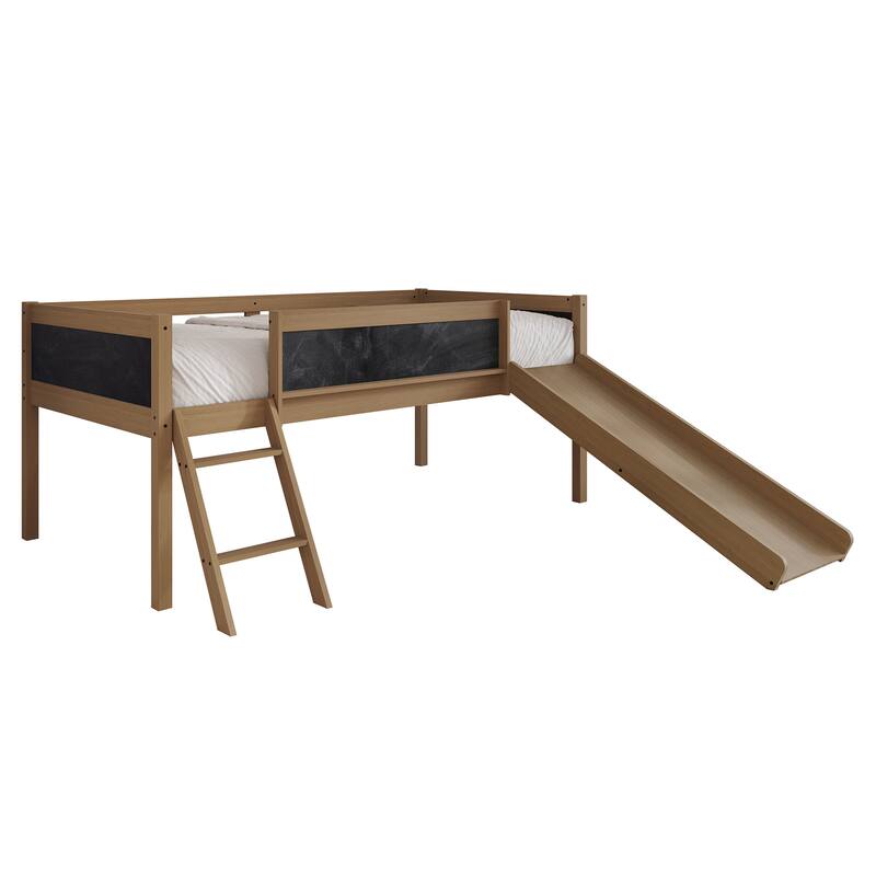 CraftPorch Classic Twin Low Loft Bed with Chalkboard, Slide and Ladder