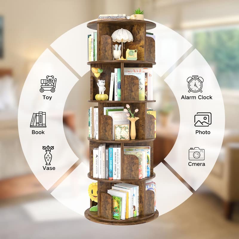 4/5/6 Tiers Round Rotating Bookcase, Revolving Floor Standing Bookshelf Corner Organizer Display