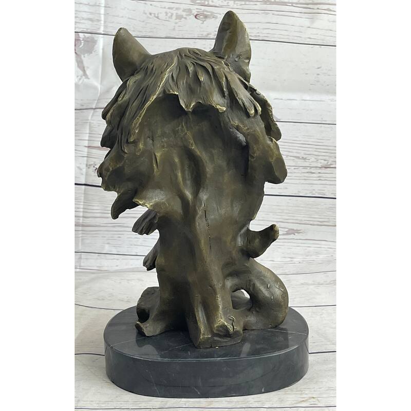 Abstract Bronze Imitative Wolf Head Bust Statue Sculpture Signed Original Collectible 12 Inches X 7 Inches