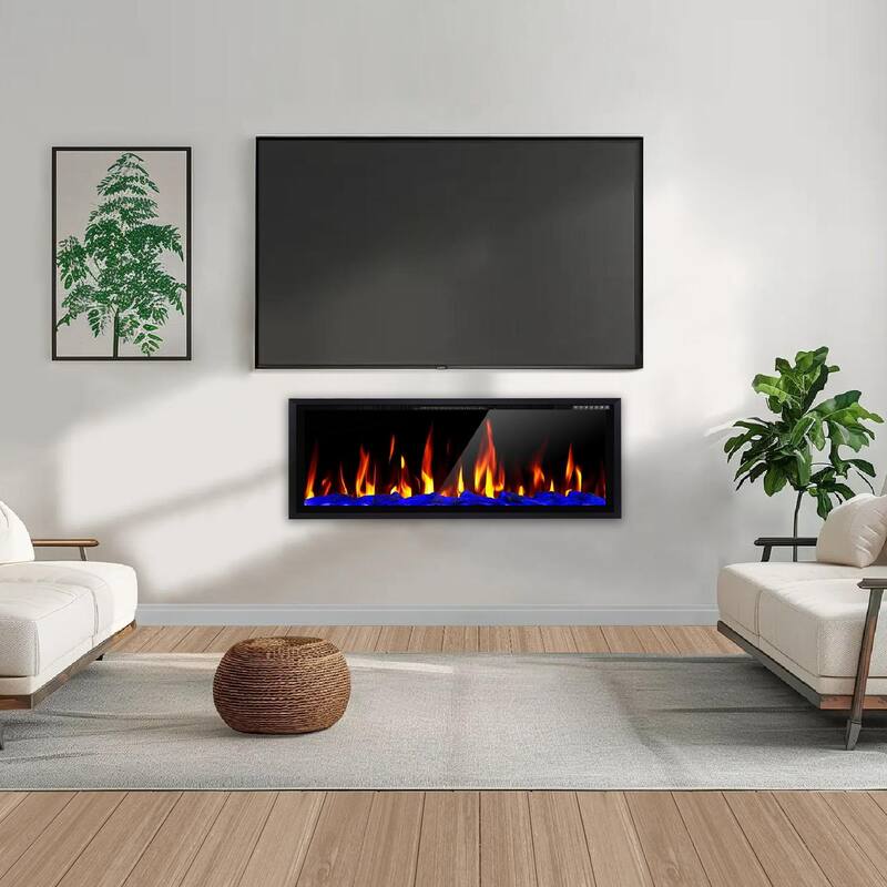 BOSSIN Recessed Wall Mount Electric Fireplace - Ultra-Narrow Frame, Low Noise, Remote w/Timer, Adjustable Flame Color & Speed