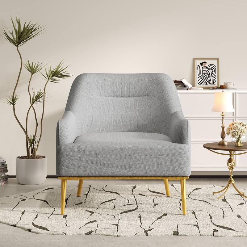 Modern Accent Chair Upholstered Armchair Single Sofa Chair with Curved Backrest and Gold Metal Legs for Living Room - Grey