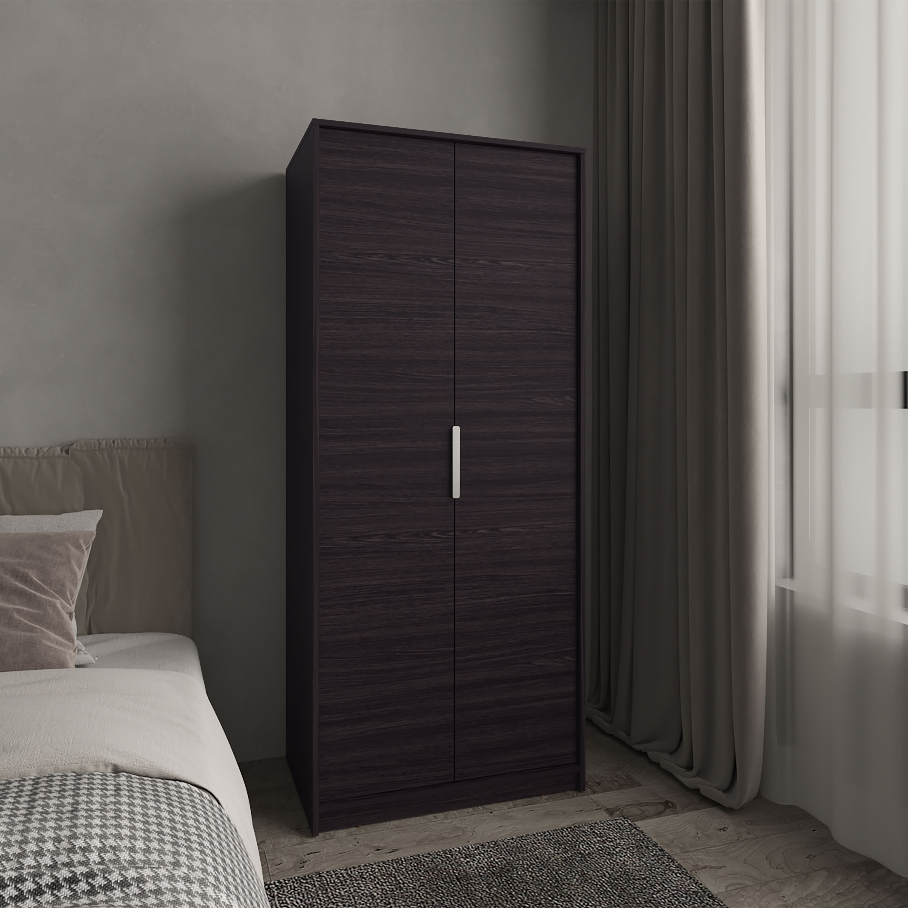 Armoire Double Doors,Hanging Rod And Interior Shelves,Freestanding Modern Wardrobe,Black