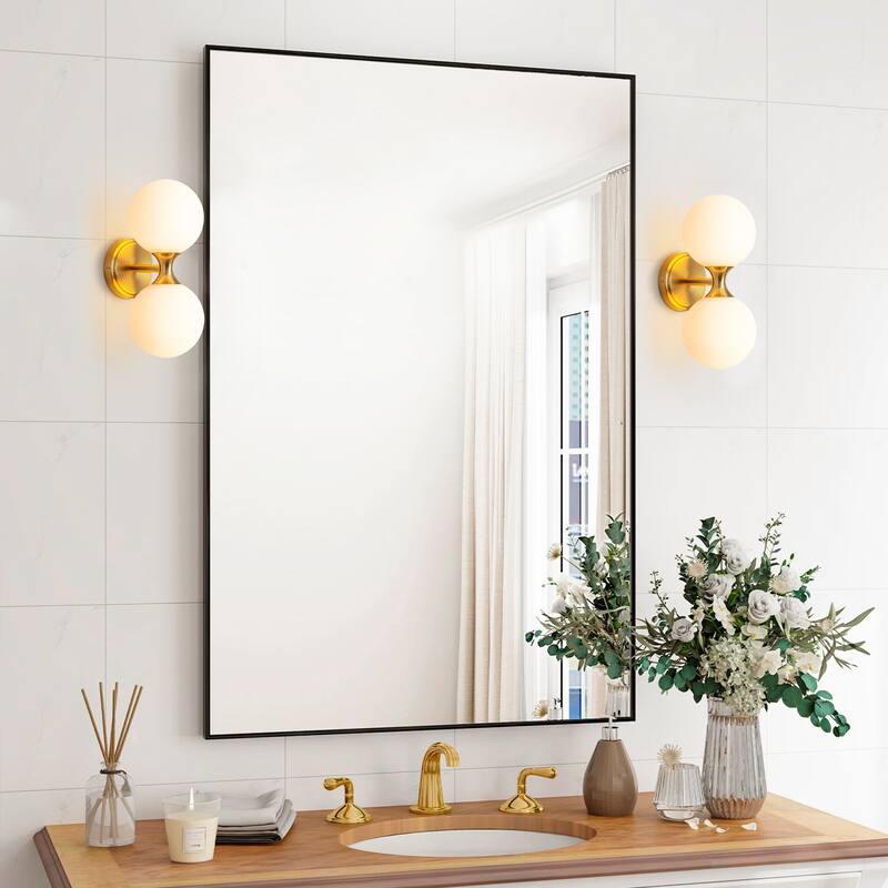 2-Light 13.7 in. Modern Brass Frosted Glass Globe Bathroom Vanity Light Up & Down Wall Sconce