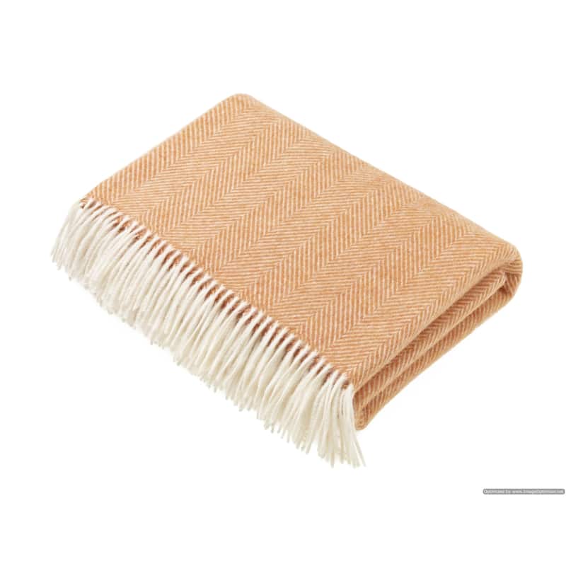 Merino Lambswool Throw Blanket - Herringbone Pattern, Made in England - Saffron