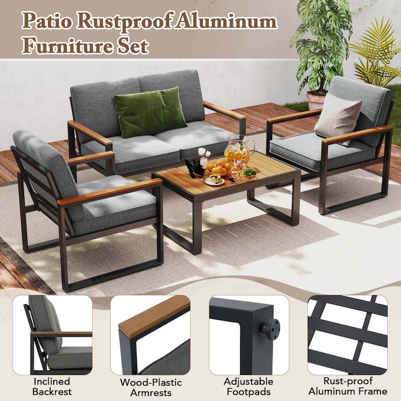Costway 4 PCS Patio Aluminum Furniture Set Wood-Plastic Armrests & - See Details