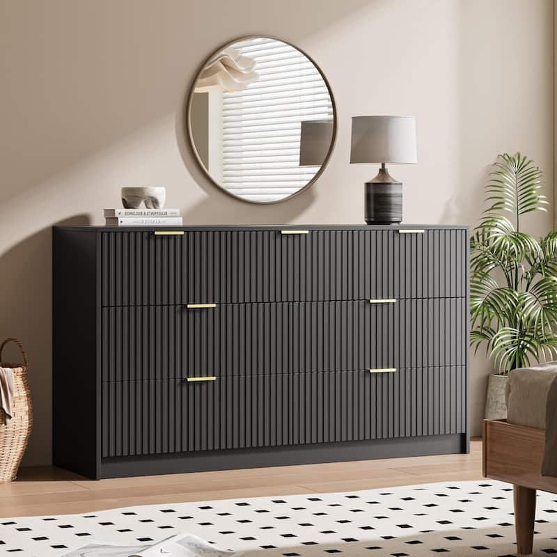 7 Drawer Dresser Fluted Wood Clothes Storage Cabinet, Modern Wide Dresser for Bedroom