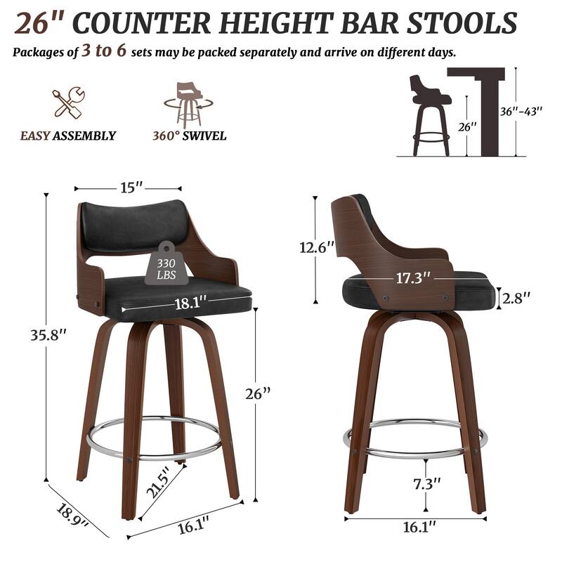 Modern Swivel Bar Stools with Curved Wood Back Upholstered Armrest Counter Stool