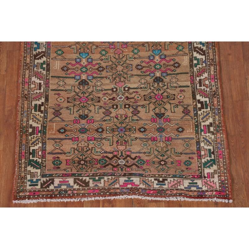 Geometric Hamedan Persian Vintage Runner Rug Handmade Wool Carpet - 3'7"x 8'9"