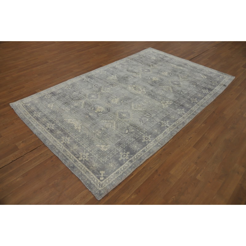 Hand-knotted Transitional Silk Carpet Grey Oushak Rug Geometric Oriental Area Rug - 7' 10'' X 4' 10''