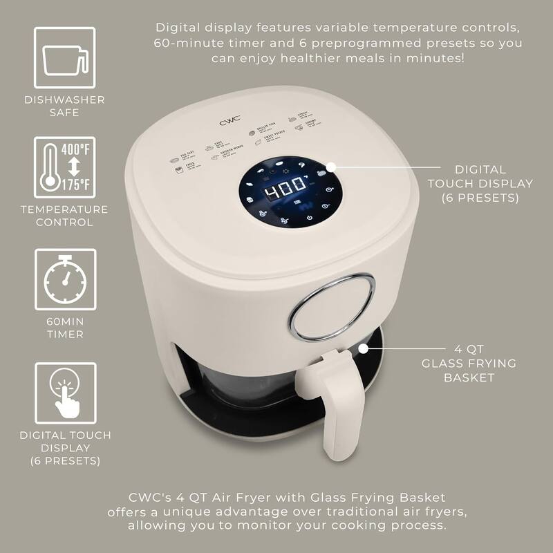 COOK WITH COLOR 1200W Air Fryer: Glass Basket, Dishwasher Safe, 60min Timer, 6 Presets, Temp Control 175F-400F, 4 - 5.5 QT