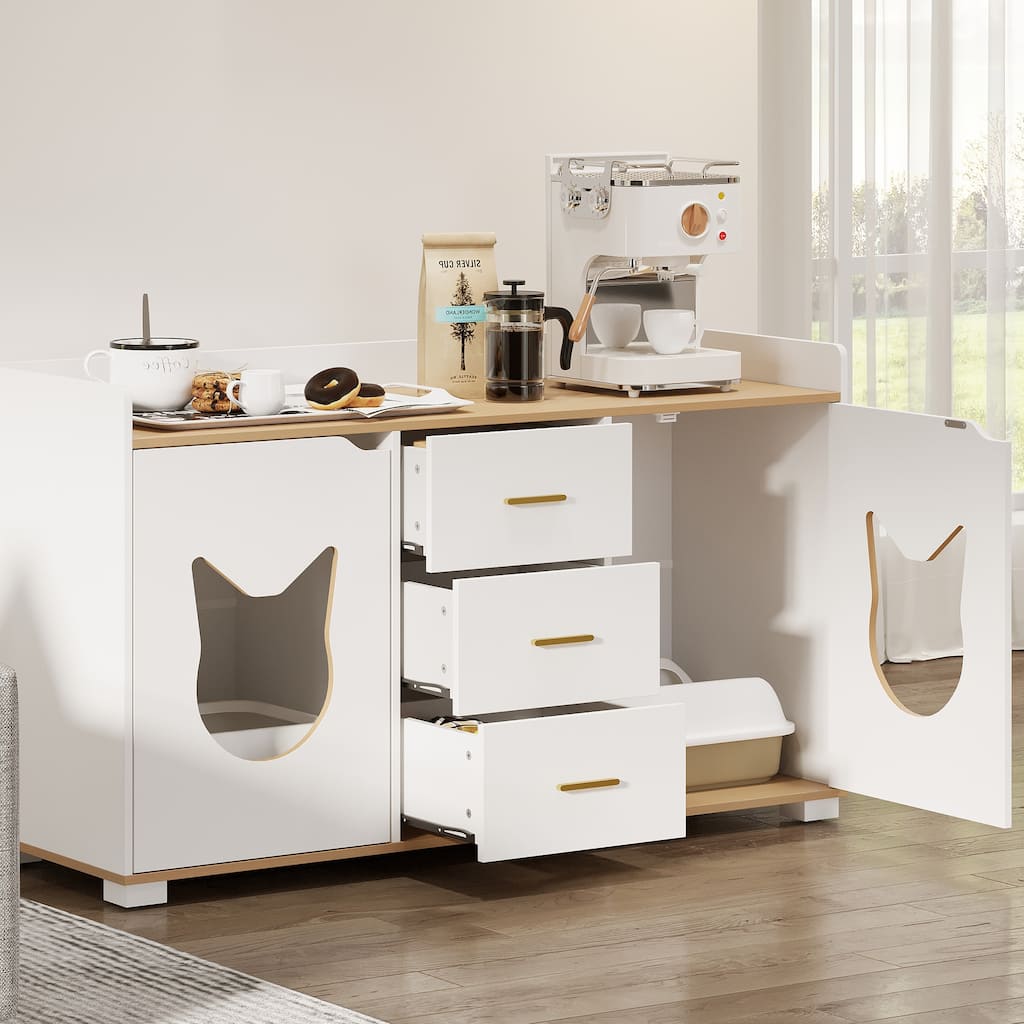 55"L Cat Litter Box Enclosure Storage Cabinet with Double Room