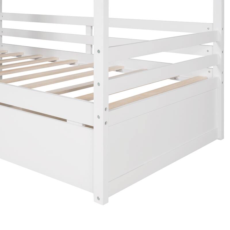 Twin House-Shaped Wooden Bed with Drawers, Kids Bed with Storage and Guardrails