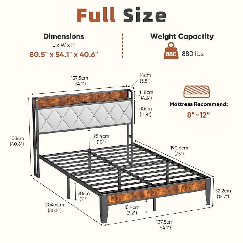 King Size Bed Frame with Charging Station and Storage Shelf, Metal Platform Bed with Headboard, No Box Spring Needed