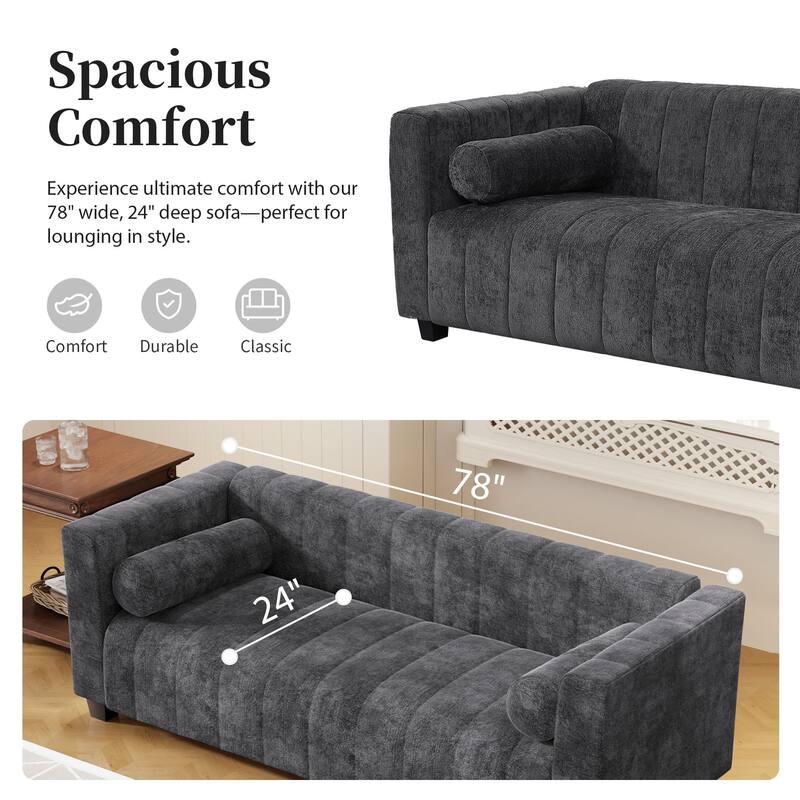 78.7" Chenille Upholstered 3-seater Sofa with Plastic Legs and 2 Pillows for Living Room