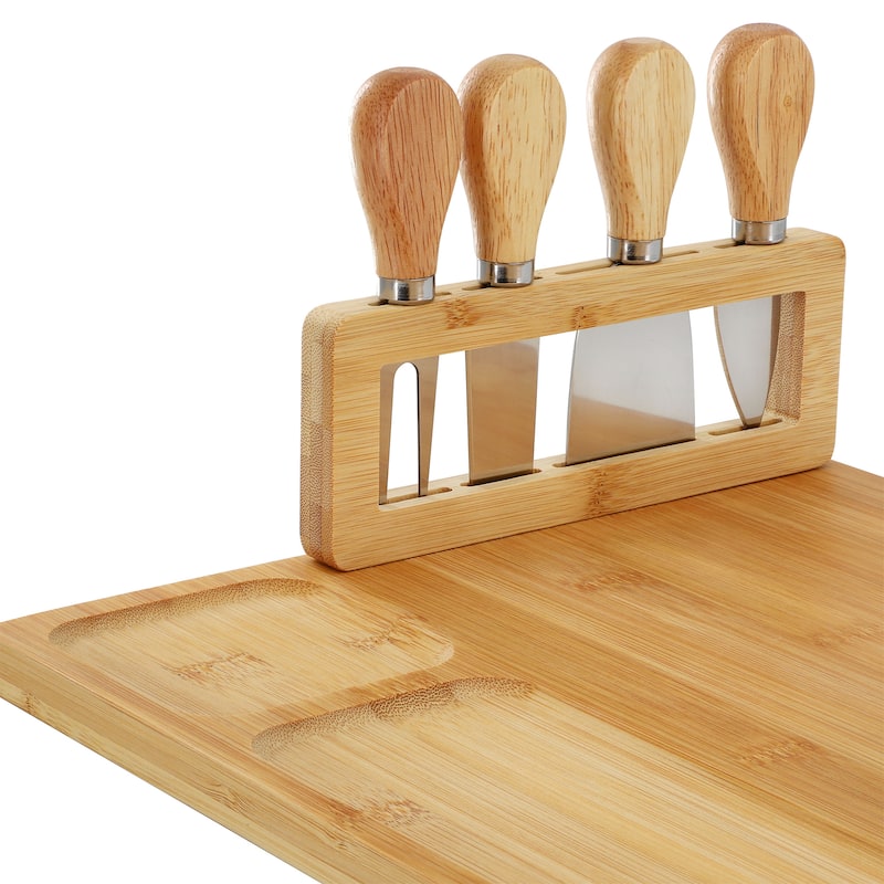 MegaChef Bamboo Charcuterie and Cheese Board with Knife Stand Attachment and 4 Piece Knife Set