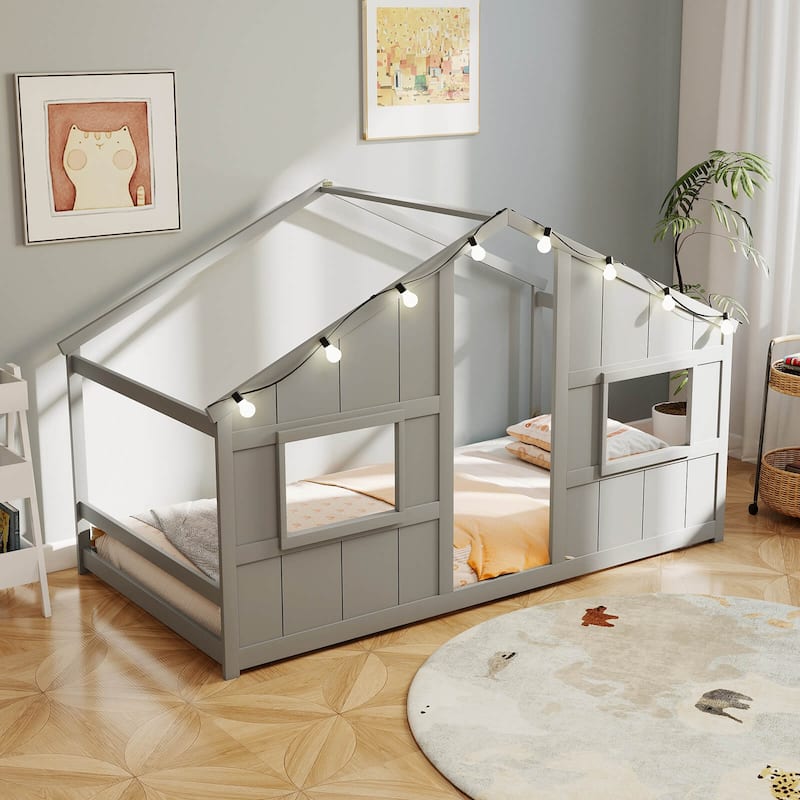 Costway Twin Size House Floor Bed with LED Lights Solid Wood Bed Frame