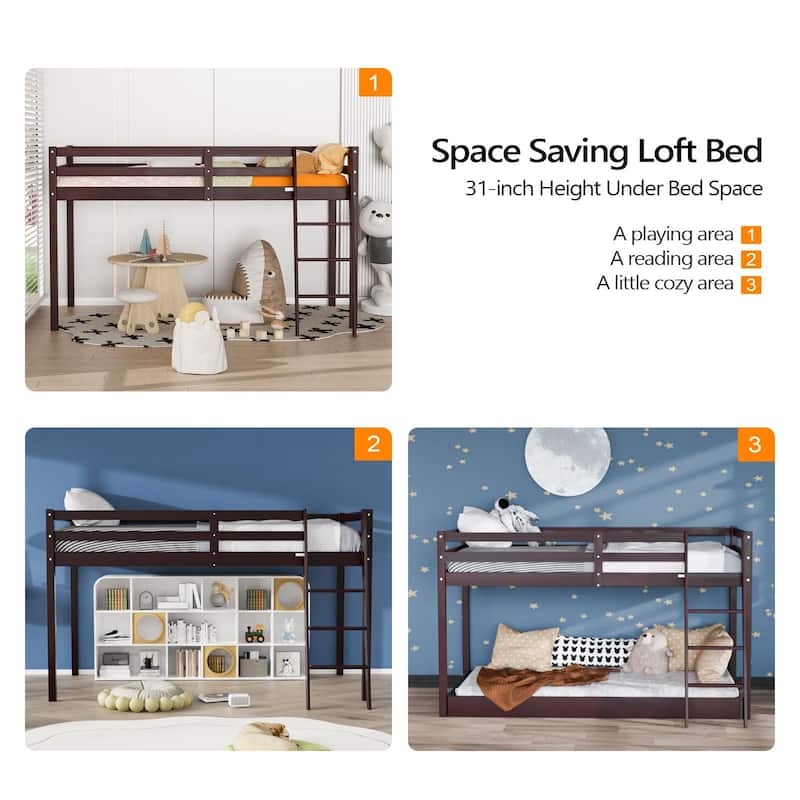 Espresso Wood Junior Loft Bed with Stairs for Adults, Kids and Young Teens