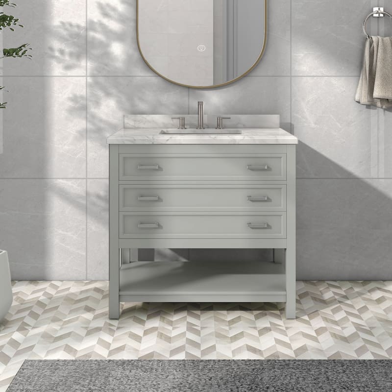 Furniture of America Anya 37" Single Bathroom Vanity with White Carrera Marble Top and Undermount Sink - Grey