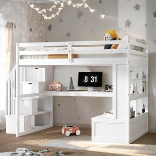 Full Size Loft Bed with Desk and Shelves, Two Built-in Drawers, and Storage Staircase, White