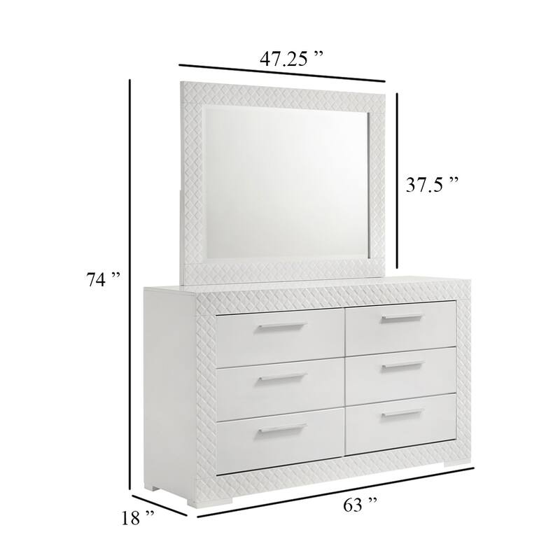 Ivon Wide Dresser with Mirror, 6 Drawers, White High Gloss, Metal