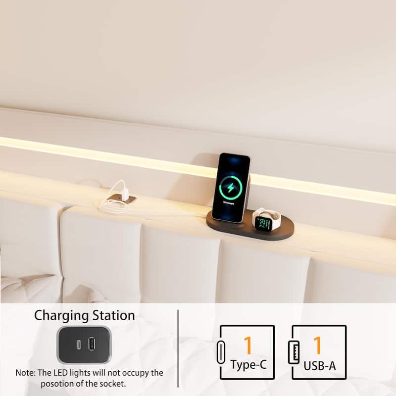 Full Floating Bed Frame with LED Light and Charging Station Upholstered Platform Bed Frame with Headboard and Hidden Storage