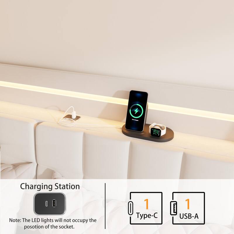 Modern Floating Bed Frame with LED Lights and USB Charging Headboard