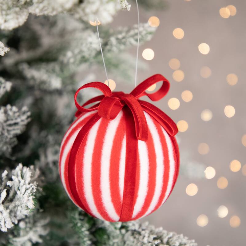 Striped Candy Cane Christmas Ball Ornament - 4" (100mm) - Red and White