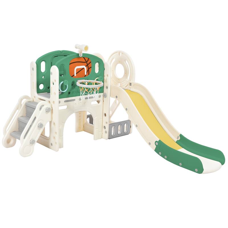 Climbing Crawling Playhouse Freestanding Arch Tunnel With Slide Ring Toss Basketball Hoop Toy Storage Organizer