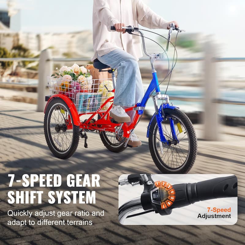 Folding Adult Tricycle 20" 7-Speed 3-Wheel Bike with Basket - 63 x 29.9 x 45.3 in