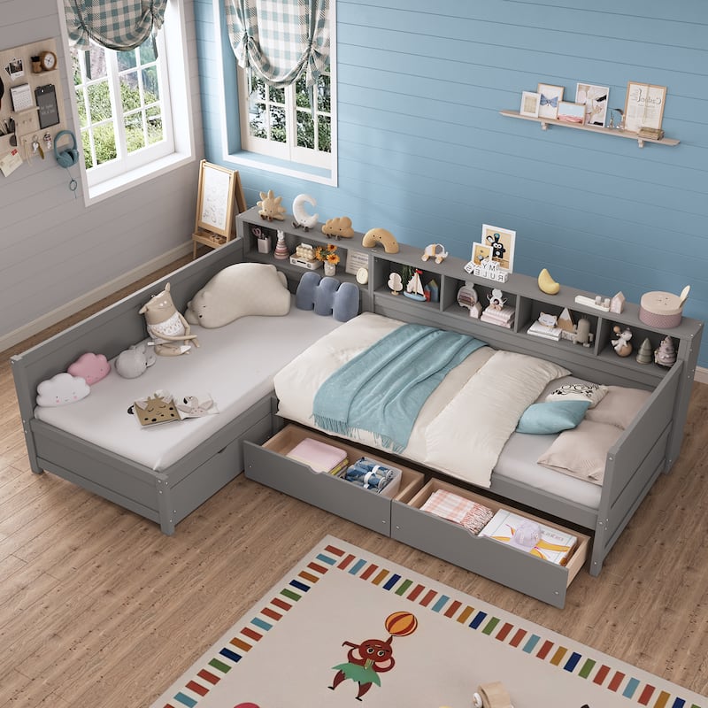 Roomfitters Twin L-Shaped Daybed for 2 with 3 Storage Drawers, Wooden Corner Bed Frame with Bookshelf for Bedroom