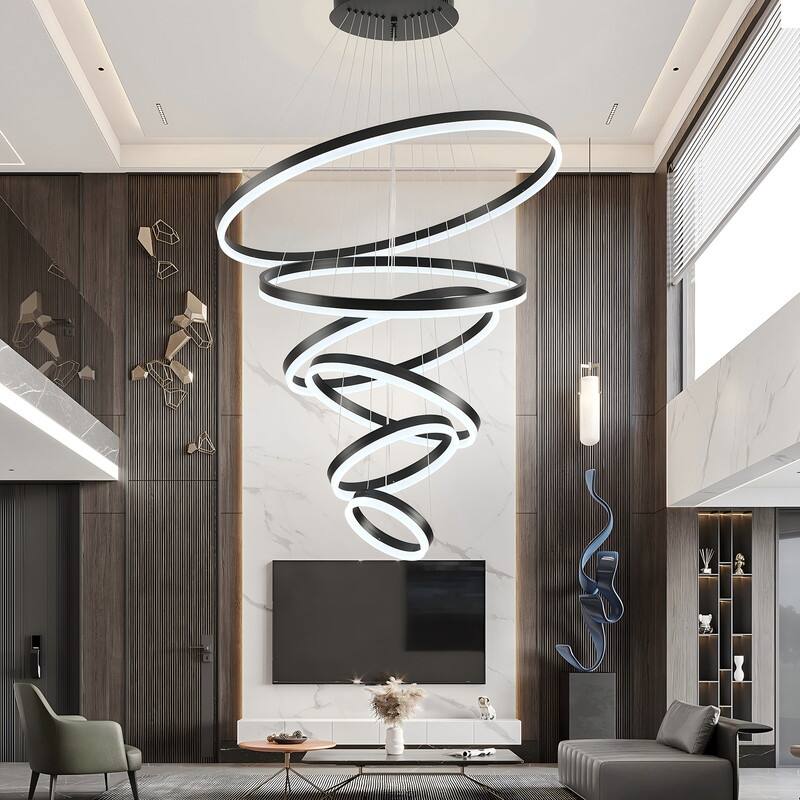 Modern Ring LED Chandelier Large Circle Pendant Light for High Ceilings, Dimmable with Remote - 6 Rings