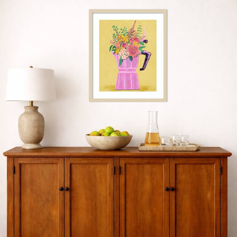 Espresso Maker with Flowers by Raissa Oltmanns Wood Framed Wall Art Print