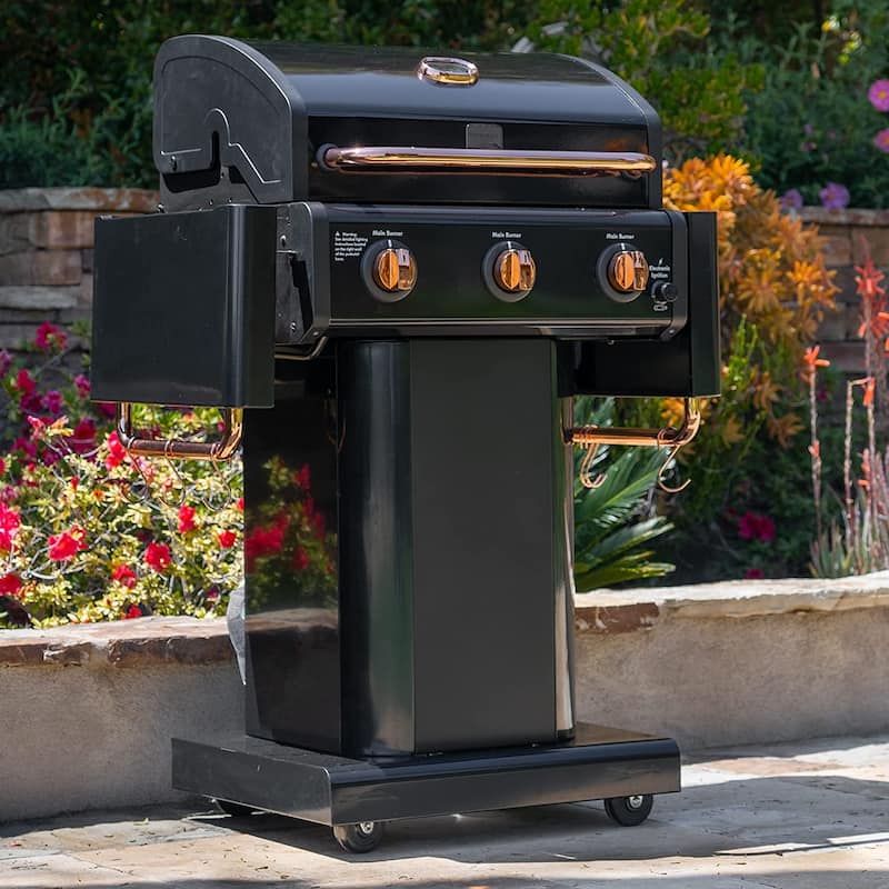Kenmore 3-Burner Propane Gas Grill with Foldable Side Tables in Black/Copper