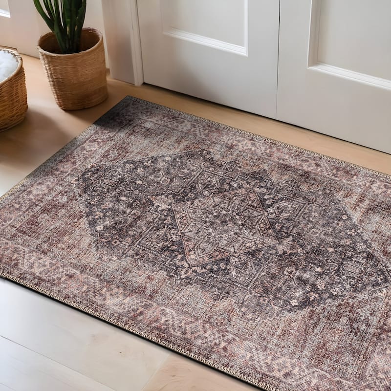 Beige Classic Washable Rug - Flat Pile, Non-Slip, Versatile for Any Room - Charcoal - 2' x 3'