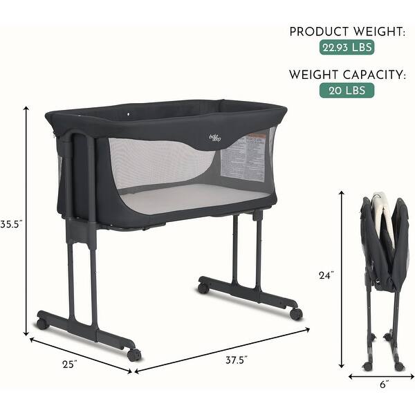 dimension image slide 0 of 2, Evolur Kinsley Quickfold Portable Bassinet in Dark Gray, Adjustable Height, One-Step Fold, Wheels for Easy Mobility