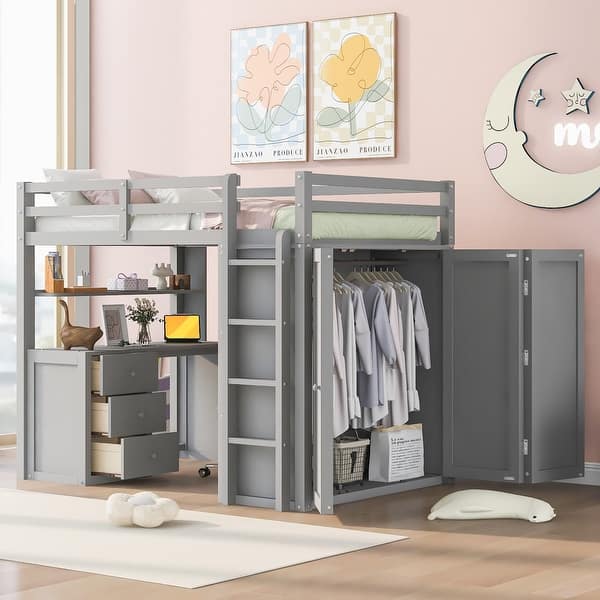 slide 2 of 9, Full Size Wood Loft Bed with Integrated Drawers, Desk, and Wardrobe for Complete Storage Solution Gray - Full