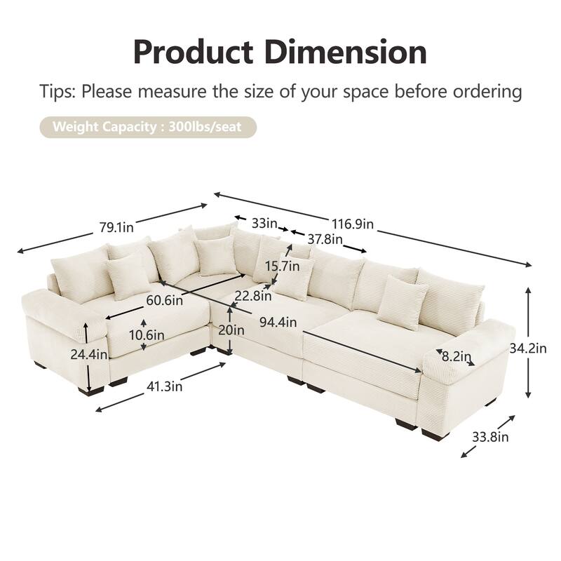 GDFStudio - Corduroy L-Shaped 4-Seater 116.9" Cloud Modular Sectional Couch